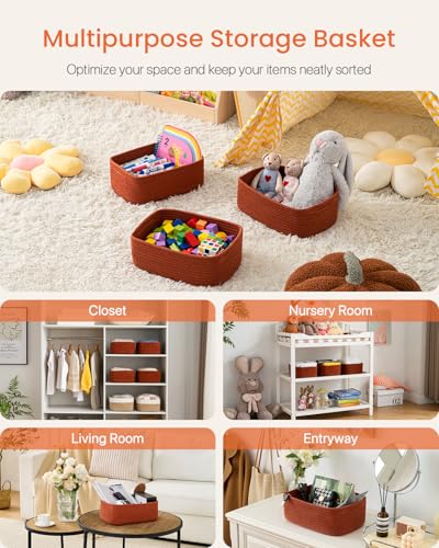 Small Woven Basket, 12 x 8 x 4.5 Inches, Storage Basket for Organizing, Cute Small Rope Shelf Closet Cube Storage Bins Baskets for Shelves, Dog Toy Gift Baskets Empty, 3 Pack Rust Red - color: Rust Red, size: 12"L x 8"W x 4.5"H