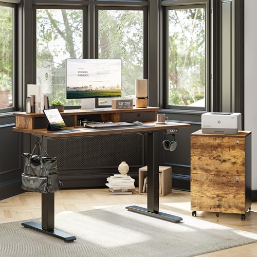 TIQLAB Standing Desk with Two Drawers, Stand Up Standing Desk Adjustable Height, Electric Sit Stand Table with Storage Shelf and Splice Board, 55 * 24 inch, Rustic Brown - color: Rustic Brown, size: 55*24 inch without keyboard tray