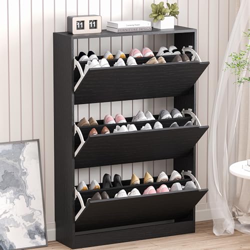 BORNOON Shoe Storage Cabinet with 3 Flip Drawers,Narrow Shoe Rack Cabinet,Freestanding Organizer Storage for Entryway, Hallway, Black - color: Black, size: 3 Drawers