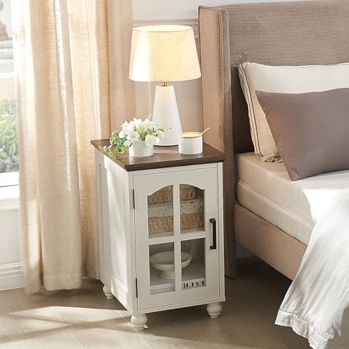 Narrow Side Table Set of 2,White Nightstand with Charging Station,End Table with Glass Barn Door Storage, Cabinet Organizer with Adjustable Shelf, Night Stand for Small Spaces Living Room Bedroom - color: White, size: Set 2