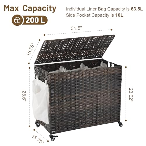 Laundry Hamper with Wheels, 52.8 Gallon(200L) Rolling Laundry Basket with Lid, 3-Section Rattan Clothes Hamper with 3 Removable Liner & 3 Mesh Bags, Laundry Sorter with Side Pocket, Brown - color: Brown, size: 200L（31.5 x 15.75 x 25.6 Inches）