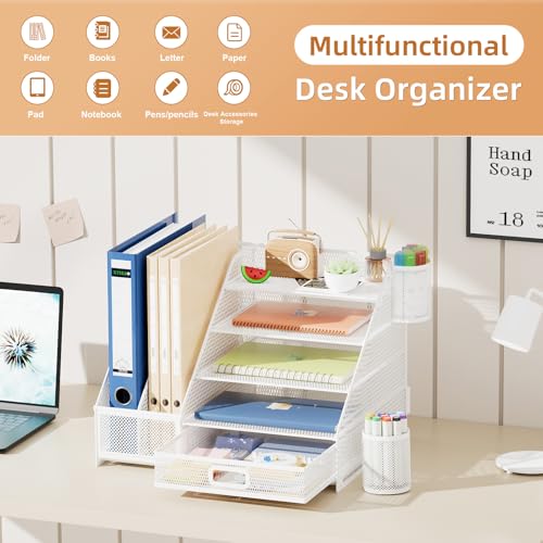Marbrasse Desk Organizer with File Holder, 5-Tier Paper Letter Tray Organizer with Drawer and 2 Pen Holder,Mesh Desk Organizers and Accessories,Desktop Organizer and Storage for Office Supplies(White)