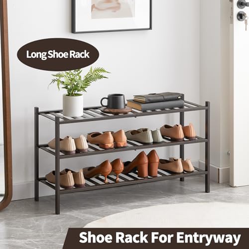 Long Shoe Rack, 3-Tier Bamboo Stackable Shoe Shelf Storage Organizer, Shoe Stand for Closet, Entryway and Hallway - color: Brown, size: 3-Tier-Long