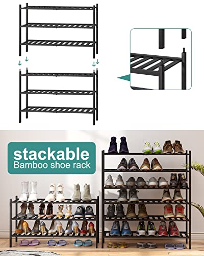 viewcare 3-Tier Long Black Shoe Rack, Bamboo Wood Shoe Rack for Closet, Entryway & Hallway, Stackable | Functional | Sturdy - color: Black, size: 3-Tier Long