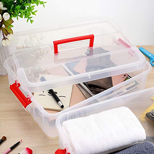 BTSKY 2 Layer Stack & Carry Box, Plastic Multipurpose Portable Storage Container Box Handled Organizer Storage Box for Organizing Stationery, Sewing, Art Craft, Jewelry and Beauty Supplies(Red) - color: Red