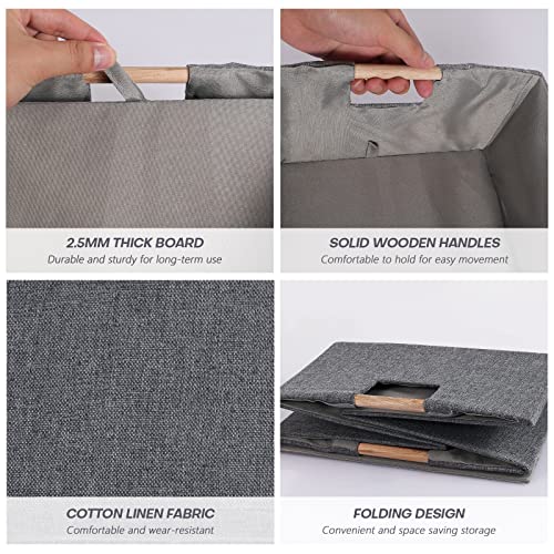 Fabric Storage Bin Box Foldable Cotton Linen Storage Basket with Wooden Handles Rectangular Cube Decorative Home Laundry Organizer Clothes Blanket Container - Grey, Small - color: Grey, size: Small