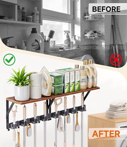 2Pack Broom Holder Wall Mount with Organizer Shelf, Space-Saving Broom and Mop Organizer Wall Hanging with 8 Broom Slots 10 Removable Hooks, Laundry Room Shelves for Laundry Room Garage Garden Closet