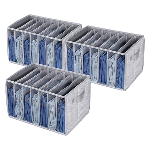 Zilink Upgraded Wardrobe Clothes Organizer with Support Board Clear Pants Organizer for Closet with 7 Grids Storage Bin with Dividers for Jean Pant Sweater Legging T-Shirt, 3 Pack - color: Grey Pattern - For Jeans - 3pcs