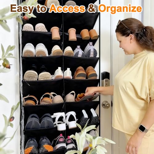 UVIAHOMI 20-30 Pairs Over the Door Shoe Organizer, Clear Pockets Hanging Shoe Storage for Closet, 10-Tier Door Shoes Rack, Handing Shoes Holder Fit All the Family's Sneakers, Boots, Heels, Black - color: Black