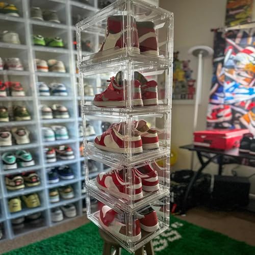 12 Pack Shoe Boxes, Clear Acrylic Plastic Shoe Boxes Stackable, Space-Saving Foldable Drop Front Shoe Storage Boxes Container for With Lids Fits Up to Size 15 (Transparency) - color: Transparency 2