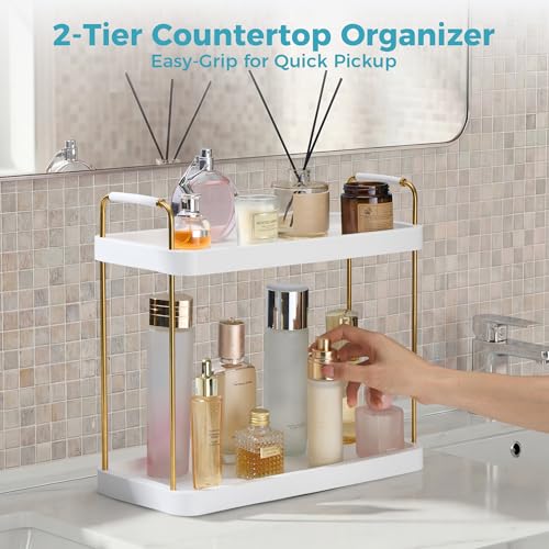 Vtopmart 2-Tier Bathroom Countertop Organizer, Vanity Dresser Counter Tray Shelf for Skincare, Perfume, Makeup, Gold - color: Gold, size: Square