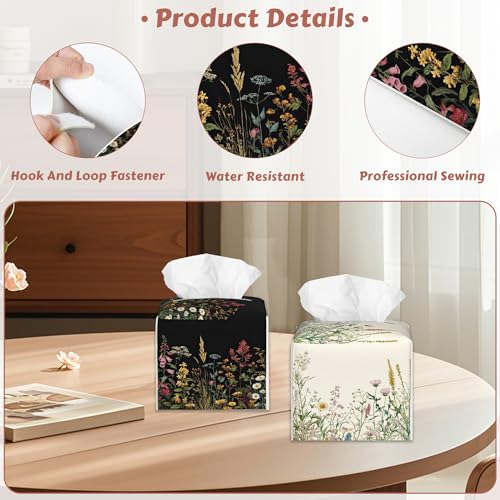 Tissue Box Cover - Vintage Floral Tissue Holder, Square Leather Napkin Holder Facial Paper Case Decorative Tissues Cover for Home Kitchen Dining Bathroom Office, 2 Pcs - color: Vintage Floral
