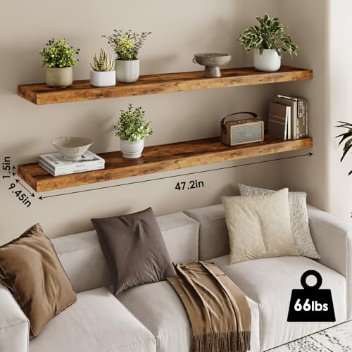 Fixwal Wood Floating Shelves for Wall, 47" Long Heavy Duty Wall Mounted Shelves for Living Room, Bedroom, Bathroom and Kitchen, Wall Shelves for Storage, Books, Room Decor (Rustic Brown, Set of 2) - color: Rustic Brown, size: 47in