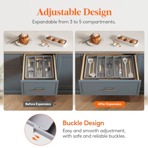 Lifewit Utensil Organizer for Kitchen Drawers, Expandable Cooking Utensil Tray, Adjustable Cutlery Silverware Flatware Holder, Plastic Spatula Tools Storage Divider, 13-22 x 15", Gray - color: Gray, size: Large(13-22''W x 15"D)