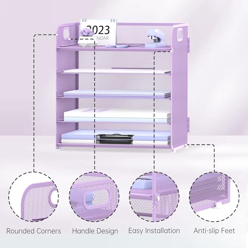 Supeasy 5 Trays Paper Organizer Letter Tray with Handle-Mesh Desk File Holders, Paper Sorter Desk Organizer for Office, Home, Classeoom or School, Purple - color: Purple