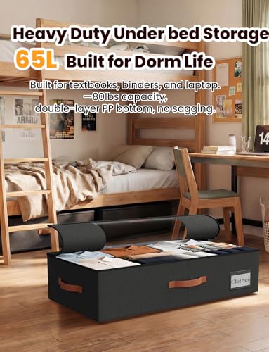 2-Pack Under Bed Storage Bins with Wheels and 6 Vacuum Seal Bags, Heavy Duty 80lbs Capacity, 65L Clear Lid Organizer for Dorm Bedroom Clothes Shoes Toys, Quick Assembly Space Saver (Black, 7.9'' PLUS) - color: Black, size: 7.9 inches PLUS