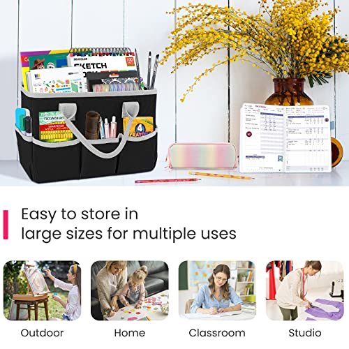 Desktop Tote and Stock Organizer, Teacher Helper Tote Bag Organization for Arts, Books, Stationery, Office Desk Organizer, Make-up Storage Tote with Handles for Travel, Black-Gray - color: Black-Gray
