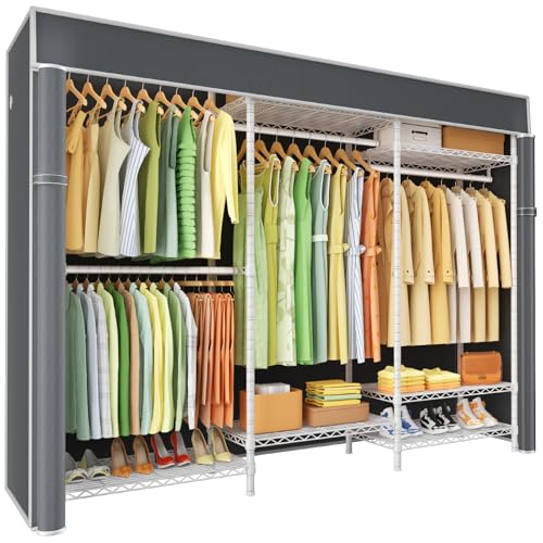 Ulif E13C Heavy Duty Closet Organizer System，Freestanding Clothing Racks for Hanging Clothes，Adjustable Garment Rack 63" W x 16" D x 77" H Hold 960 lbs，White Clothing Rack with Grey Dustproof Cover - color: White Rack with Grey Cover, size: E13C