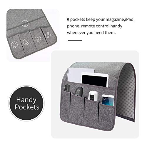 Sofa Armrest Organizer, Remote Control Holder for Recliner Couch, Arm Chair Caddy with 5 Pockets for Magazine, Tablet, Phone, iPad - color: Gray, size: W13'' x L33''