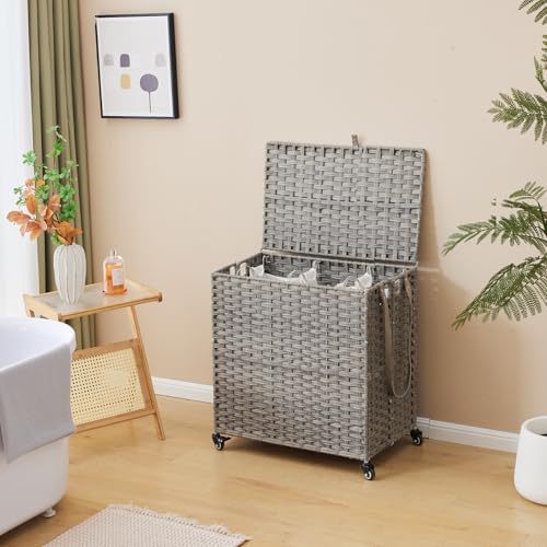 Laundry Hamper with Wheels, 39.6 Gallon(150L) Rolling Laundry Basket with Lid, 3-Section Rattan Clothes Hamper with 3 Removable Liner & 3 Mesh Bags, Laundry Sorter with Side Pocket, Grey - color: Grey, size: 150L（23.62 x 15.75 x 25.6 Inches）