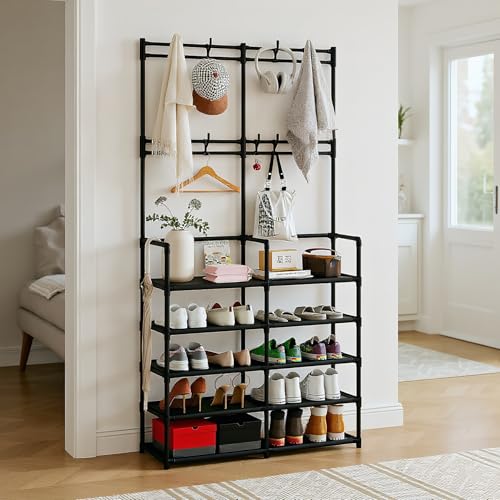 UDEAR 5-Tier Coat and Shoe Rack, Entryway Coat Rack with 8 Hooks, Double Row Shoes Organizer for Living Room, Bedroom, Office, Black