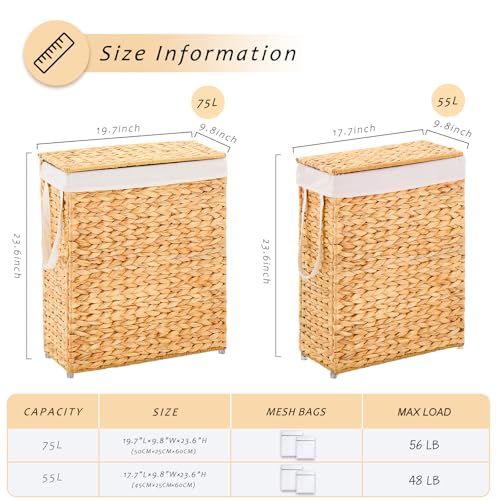 Handwoven Slim Laundry Hamper with Lid, Narrow Wicker Laundry Basket, Natural Water Hyacinth Basket and Handleswith Removable Liner Bag & 2 Mesh Bags (Natural with Lid, 75L) - color: Hyacinth with Lid, size: 75L