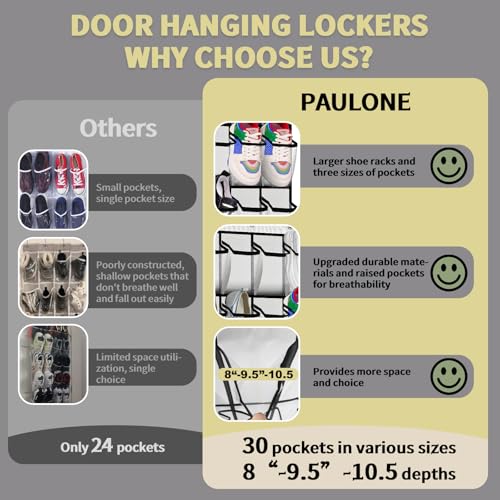 PAULONE Over the Door Organizer with 30 Large Pockets, 3 Sizes of Closet Hangers, Holds up to 69 lbs, Hanging Organizer with Clear Window for Children's Toys, Shoes, Diapers (White) - color: White