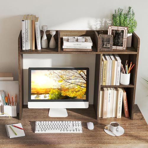 Tangkula Desktop Bookshelf, Countertop Storage Hutch with Shelves for Computer Desk, Desk 3-Tier Display Rack, Multipurpose Wood Desktop Hutch Storage Organizer for Dorm Office - color: Grey, size: 5 Shelves