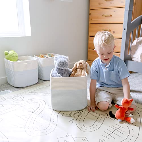 NaturalCozy Storage Cubes 11 Inch Cotton Rope Woven Baskets for Organizing, 3-Pack | Cube Storage Bin | Square Storage Baskets for Shelves Organizer, Classroom, Kids Toy Bins, Closet, Baby Nursery - color: Off White & Mixed Blue