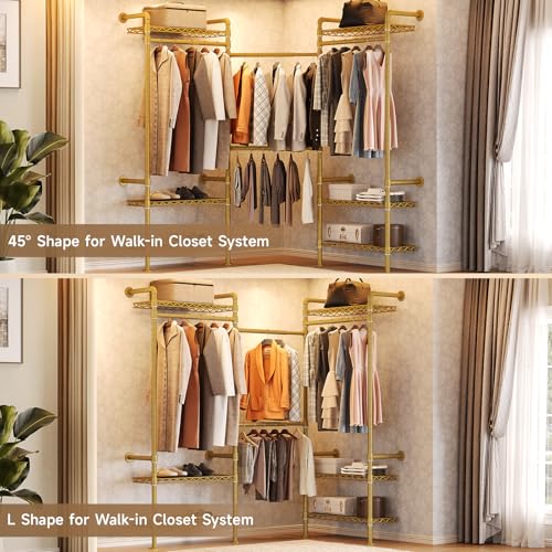 Wall Mounted Garment Rack, Walk-in Closet System with Expandable Rods, Adjustable Shelves, Industrial Pipe Clothing Racks, Hanging Clothes Organizers and Storage, Metal Closet Shelving Wardrobe - color: Gold