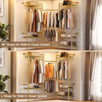 Wall Mounted Garment Rack, Walk-in Closet System with Expandable Rods, Adjustable Shelves, Industrial Pipe Clothing Racks, Hanging Clothes Organizers and Storage, Metal Closet Shelving Wardrobe - color: Gold
