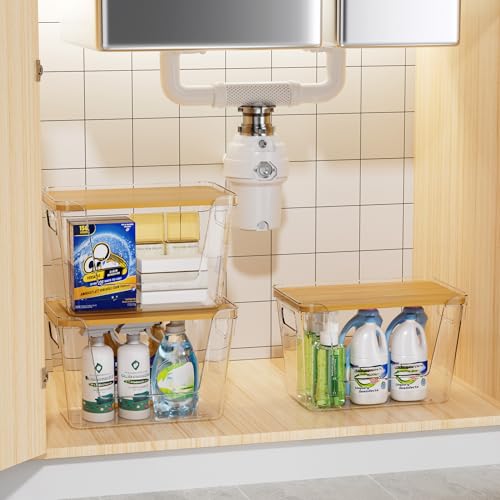 Delamu Acrylic Trash Bag Holder, 3 Pack Stackable Garbage Holder for 4-33 Gallon Bags, Clear Organizer Bins for Under Sink Organization, Pantry Storage, Cabinet, Kitchen, Laundry, Bathroom - size: XL-3 Pack