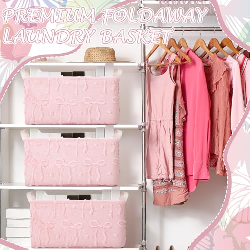 Kathfly 3 Pcs Bow Foldable Storage Baskets Plush Faux Fur Jacquard Design Laundry Basket with Handles Waterproof Storage Bins Fabric Shelf Baskets for Organizing Closet Clothes - style: Bow