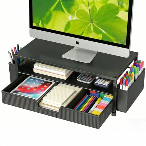 ECOLOVI Desk Organizer and Accessories, 2-Tier Computer Monitor Stand Rise with Storage Drawer & 2 Pen Holders, Laptop & Printer Stand for Desktop, Workspace Organizers for Office Supplies (Black) - color: Black