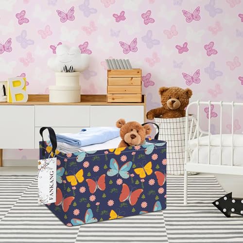 FANKANG Storage Bins, Nursery Hamper Canvas Laundry Basket Foldable with Waterproof PE Coating Large Storage Baskets for Kids Boys and Girls, Office, Bedroom, Clothes,Toys(Rec-Colorful Butterfly ） - color: Rec-Colorful Butterfly