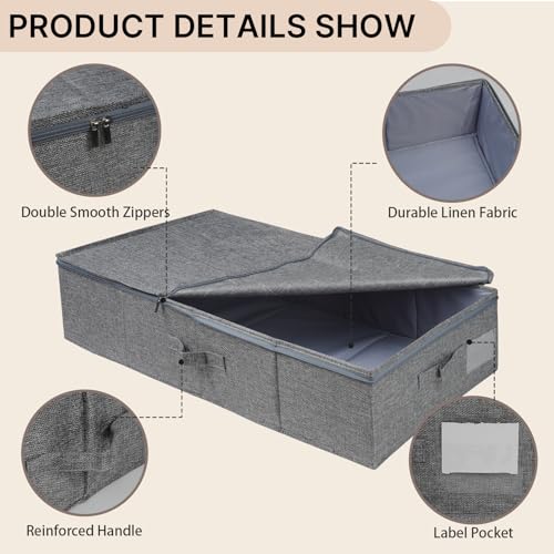 2 Pack Large Under Bed Storage Containers with Lid,Ultra Thick Underbed Clothes Storage Organizer with Sturdy Sidewalls,Foldable Under Bed Bag for Shoe,Blankets,Sweater,30x15x7 inch,Grey