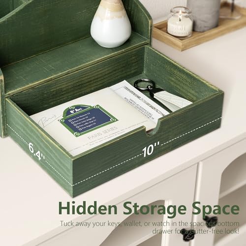 Pine Wood Mail Organizer for Desk - Rustic Style Mail Sorter Countertop Organizer for Files, Letters & Small Items - Farmhouse Letter Holder with Drawer for Office Desk & Home Decor (Green) - color: A-Green