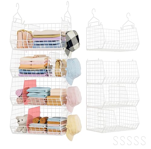 4 Tier Extra Large Hanging Closet Organizer ,Closet Organizer Hanging with 5 S Hooks 4 Dividers,Clothes Organizer Clothing Sweaters Clutches Handbags Hats Accessories-White - color: White, size: 4-Tier