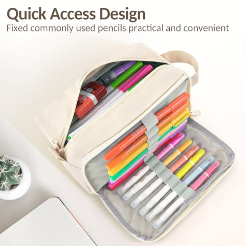 Sooez Original High Capacity Pencil Case, Big Pencil Bag Pouch Box Organizer Pen Case, Aesthetic Supply for Girls Adults, Portable Journaling Supplies with Easy Grip Handle & Loop, Beige - color: Beige