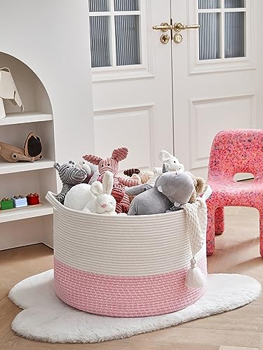 R RUNKA Extra Large Cotton Rope Basket 22" x 14"| Toy Basket - color: White & Pink