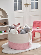 R RUNKA Extra Large Cotton Rope Basket 22" x 14"| Toy Basket - color: White & Pink