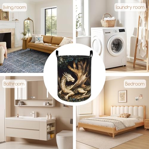 Fantasy Dragon Laundry Basket, Forest Design Foldable Oxford Cloth, Waterproof Dirty Clothes Hamper with Handles, Clothing Storage Bucket Toy Organizer for Bathroom Bedroom Dorm, 19.7"x15.7" - style: Dragon 01