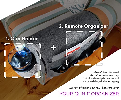 Couch Cup Holder Caddy - Armchair Caddy Remote Control Holder Armrest Organizer Recliner or Sofa - Anti Slip Arm Rest for Drink 5 Pockets for Snacks Gray (6 Inches) - size: 6 Inches