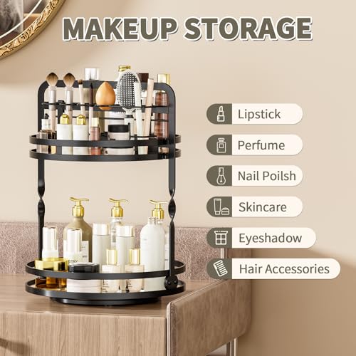 360° Rotating Makeup Organizer, 2-Tier Black Perfume Organizer for Dresser, Bathroom Organizers Countertop, Perfume Shelf with Makeup Brush Holder, Skincare Holder Cosmetic Display(Black) - color: Black