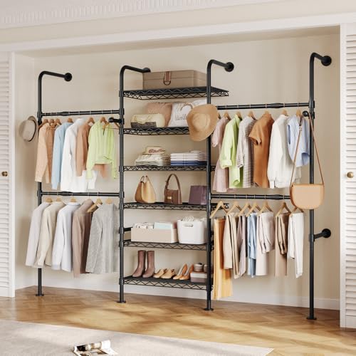 Closet Organizers and Storage, 3-Row Heavy Duty Garment Rack Clothes Rack for Hanging Clothes, Wall Mounted Closet System with 4 Telescopic Rods, 4 Hooks, 6 Shelves for Wardrobe, Bedroom, Small Space - style: 3-Row