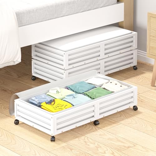 Wisuce Bamboo Under Bed Storage Containers- Underbed Organizer with Wheels with Dust Bag,Sturdy Wood Rolling Under the Bed Shoe Storage Organizer Drawers (White, 2 Pack (33.07"×16.54")) - color: White, size: 2 Pack (33.07"×16.54")