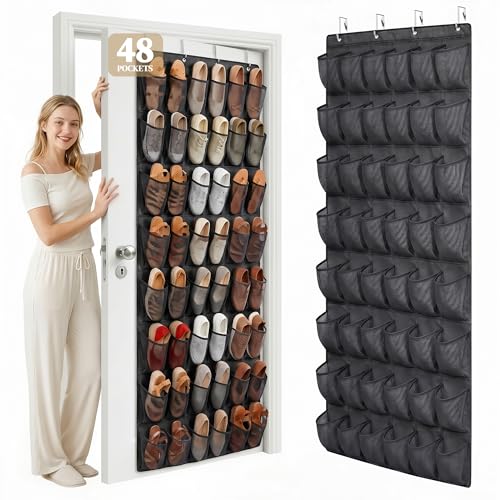48 Pockets Over The Door Shoe Organizer, Large Mesh Hanging Shoe Rack, 6-Column Heavy Duty Shoe Storage for Sneakers and Heels, Behind Door Holder for Entryway Bedroom Dorm College, Black - color: Black