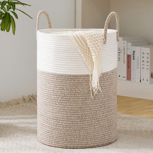 YOUDENOVA Woven Rope Laundry Hamper Basket, 58L Tall Laundry Basket, Baby Nursery Hamper for Blanket Storage in Bedroom-Large-Brown - color: White&Brown, size: Tall (58L )