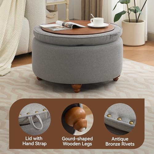 WUTUTUEE 30Inch Round Storage Ottoman with Tray, Modern Tufted Fabric Circle Coffee Table with Storage, Upholstered Ottoman with Removable Top for Living Room, Bedroom, Light Grey - color: Light Grey, size: 30 Inch