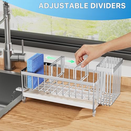 Cisily Sponge Holder for Kitchen Sink, Sink Caddy Organizer with High Brush Holder, Kitchen Countertop Organizers and Storage Essentials, Rustproof 304 Stainless Steel (Silver, 9.25″) - color: Silver